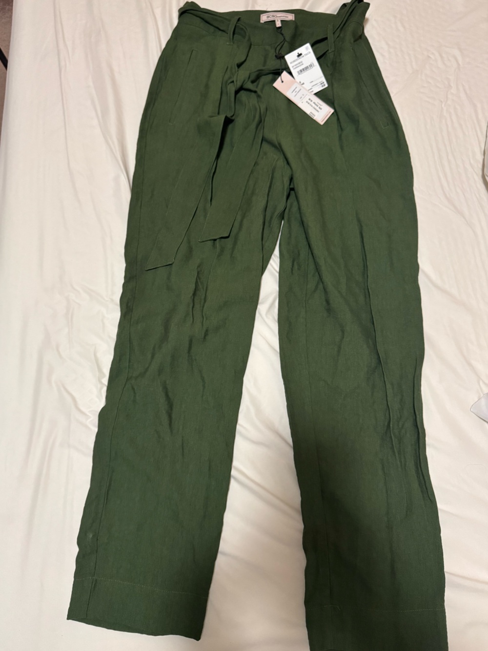 BCBGeneration Olive Green High-Waist Tie Belt Trousers